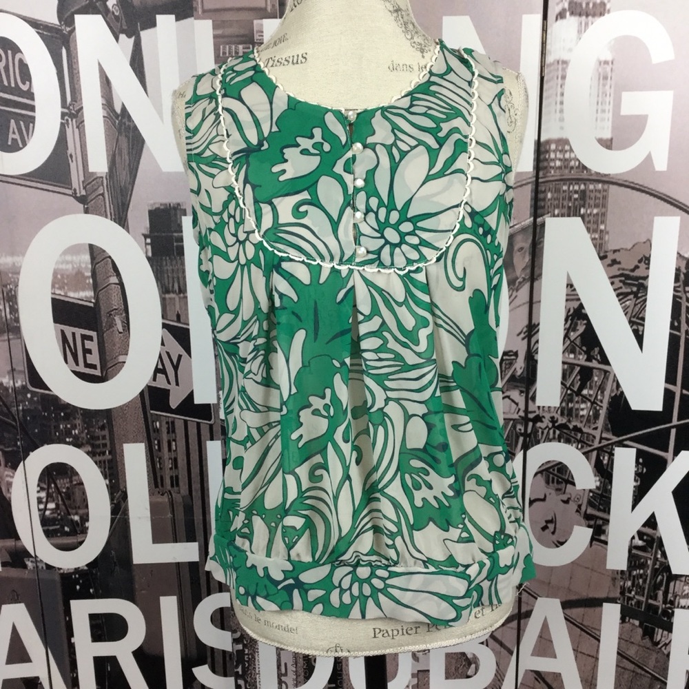 Barkins green white semi sheer sleeveless blouse